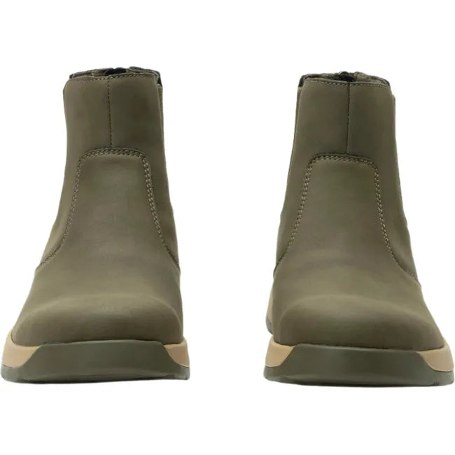 Front of Women's Alegria Frankie Chelsea Boots in oregano green with tan sole