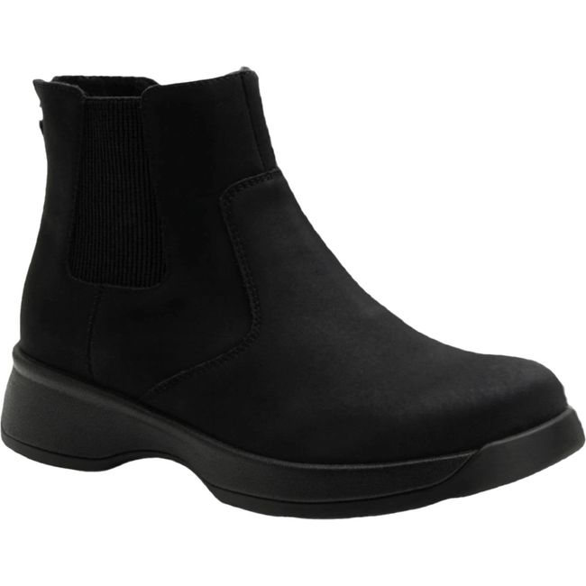 Front angled view of Women's Alegria Frankie Chelsea Boot in asphalt black nubuck leather