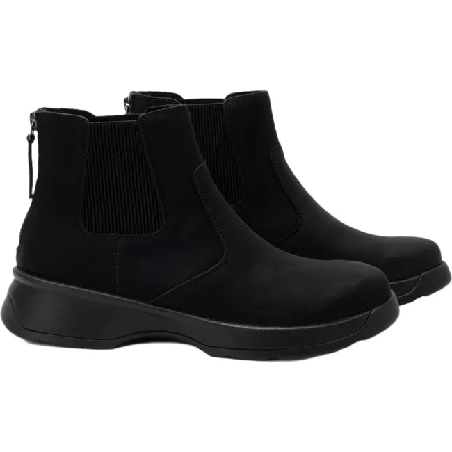 Lateral side of Women's Alegria Frankie Chelsea Boots in asphalt black nubuck leather