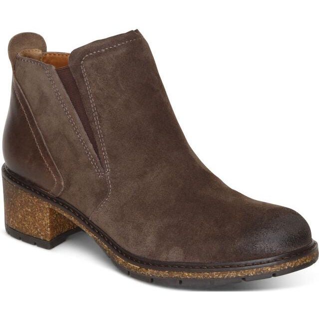 Front angled view of Women's Aetrex Frankie Boot in brown suede with block heel