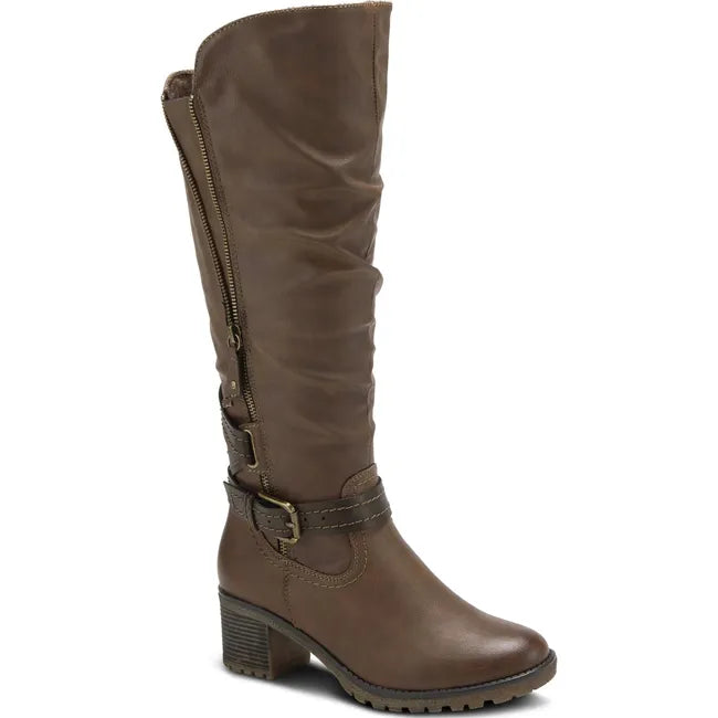 Front angled view of Women's Spring Step Gemisola Tall Boot in brown leather