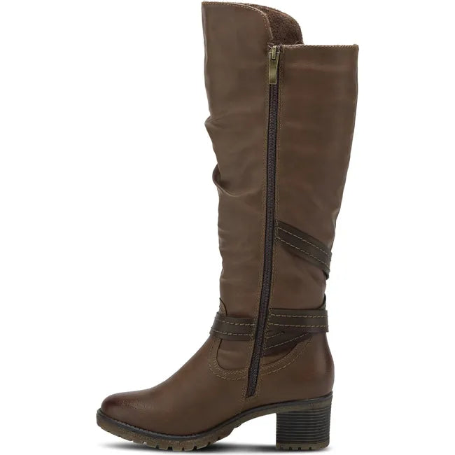 Medial side of Women's Spring Step Gemisola Tall Boot in brown leather with zipper entry