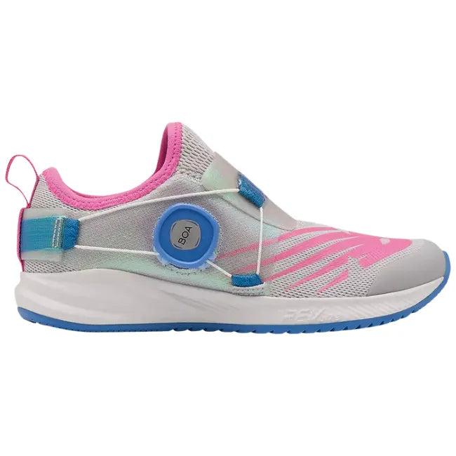 Lateral side of New Balance Kids' FuelCore Reveal BOA Running Shoe in light aluminum, pink, and blue