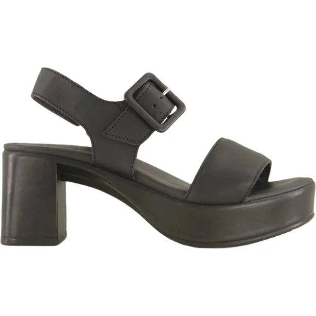 Lateral side view of Naot Women's Glamour Heel in black featuring a sleek design, two leather straps, 2.8-inch polyurethane heel, and a leather-wrapped latex footbed.