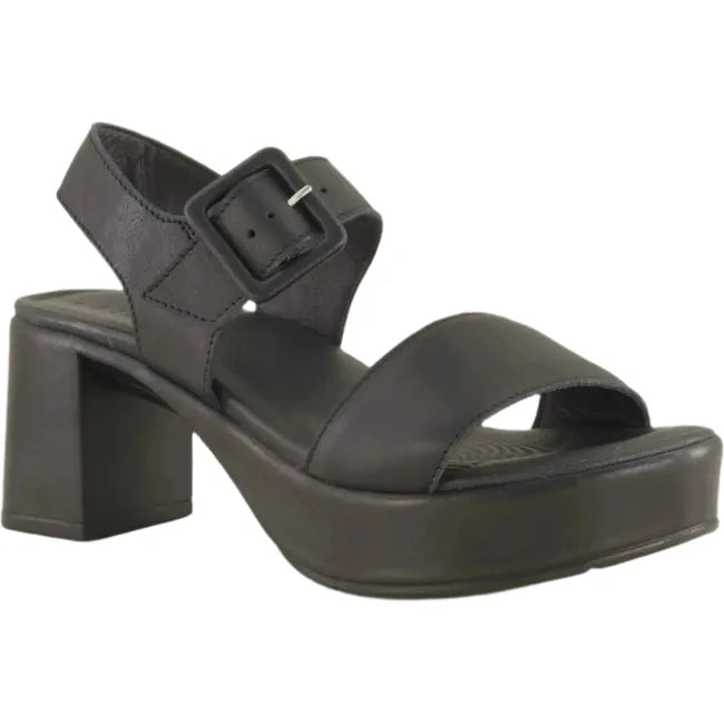 Lateral side angled view of Naot Women's Glamour Heel in black featuring a sleek design, two leather straps, 2.8-inch polyurethane heel, and a leather-wrapped latex footbed.