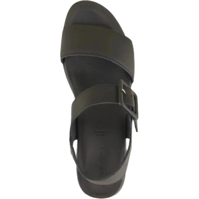 Top view of Naot Women's Glamour Heel in black showcasing the elegant strap design and leather-wrapped latex footbed.