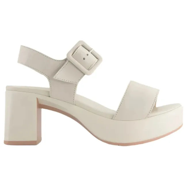 Lateral side view of Naot Women's Glamour Heel in ivory featuring a sleek design, two leather straps, 2.8-inch polyurethane heel, and a leather-wrapped latex footbed.