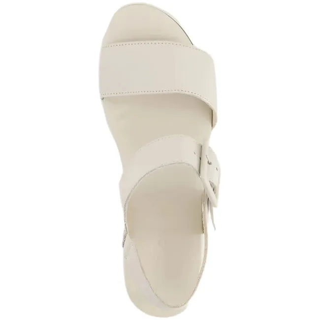Top view of Naot Women's Glamour Heel in ivory showcasing the elegant strap design and leather-wrapped latex footbed.