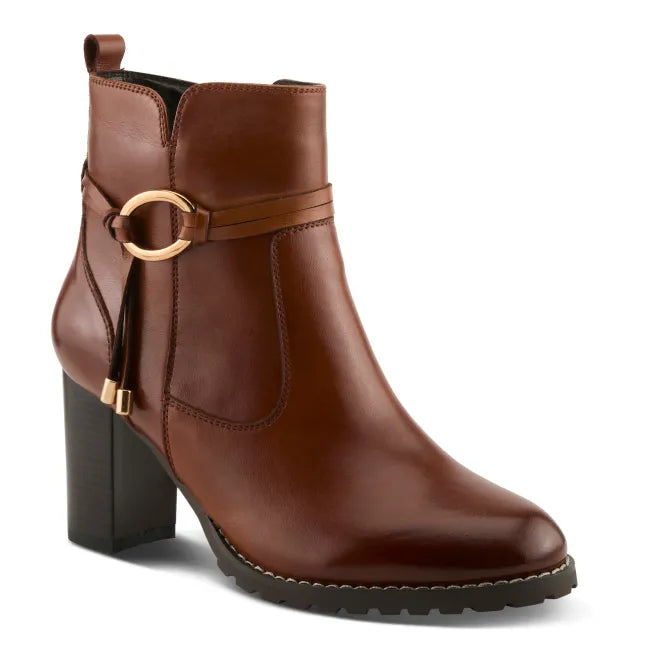 Front angled view of heeled Spring Step Women's Gyanna Boot in cognac brown leather