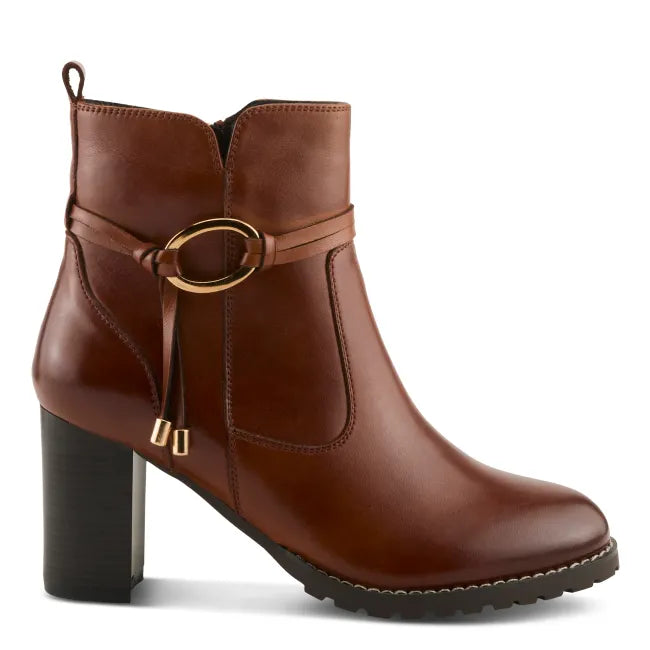 Lateral side of heeled Spring Step Women's Gyanna Boot in cognac brown leather