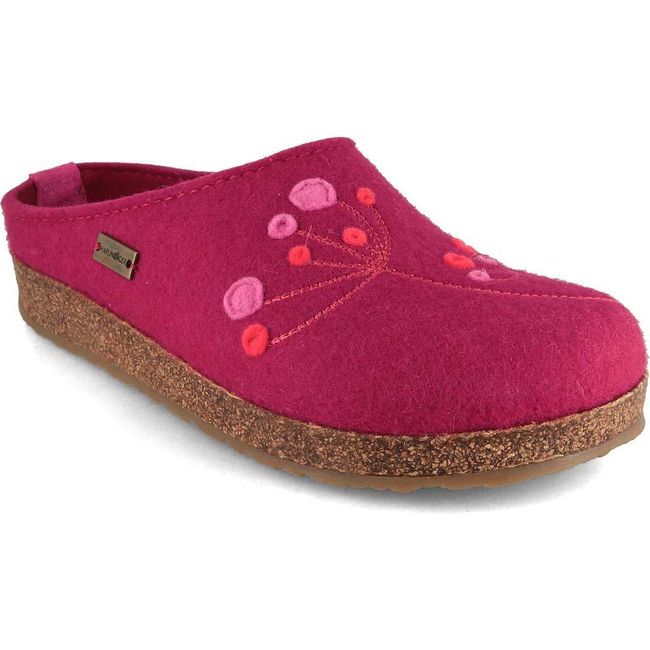 Front angled view of Women&#39;s Haflinger Amaya Clog in port pink wool upper with cork sole