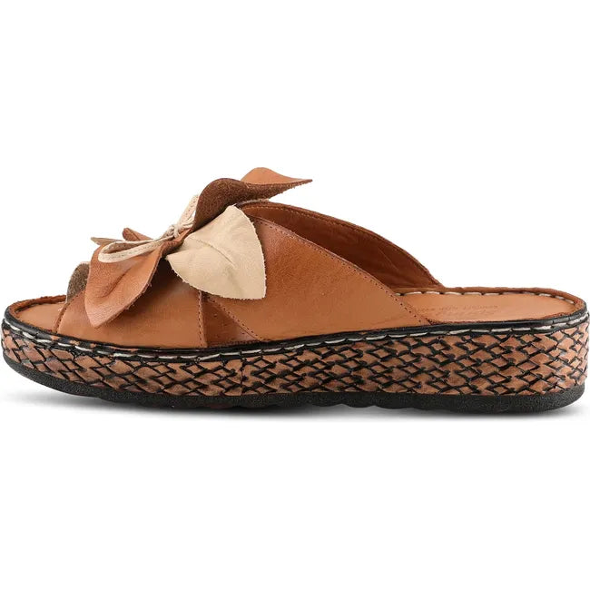 Medial side of Women's Spring Step Sandal Hilary Slide in camel brown leather with flower bow