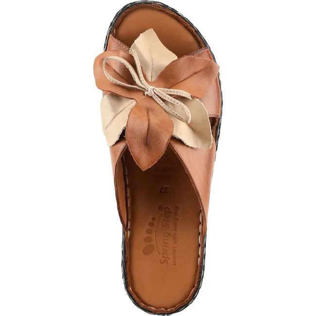 Top down view of Women's Spring Step Sandal Hilary Slide in camel brown  with leather footbed