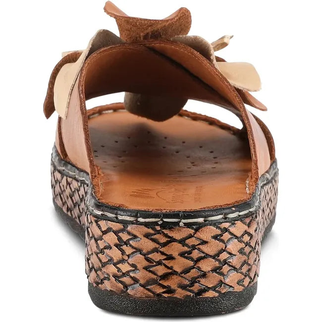 Heel of Women's Spring Step Sandal Hilary Slide in camel brown leather with flower bow