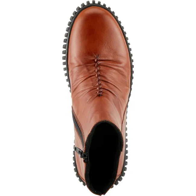 Top down view of Womens Spring Step Holman Boot in cognac leather with a side zipper