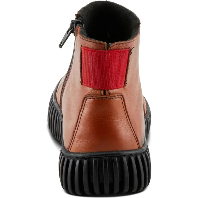 Heel of Womens Spring Step Holman Boot in cognac leather with a red elastic detail for easy entry