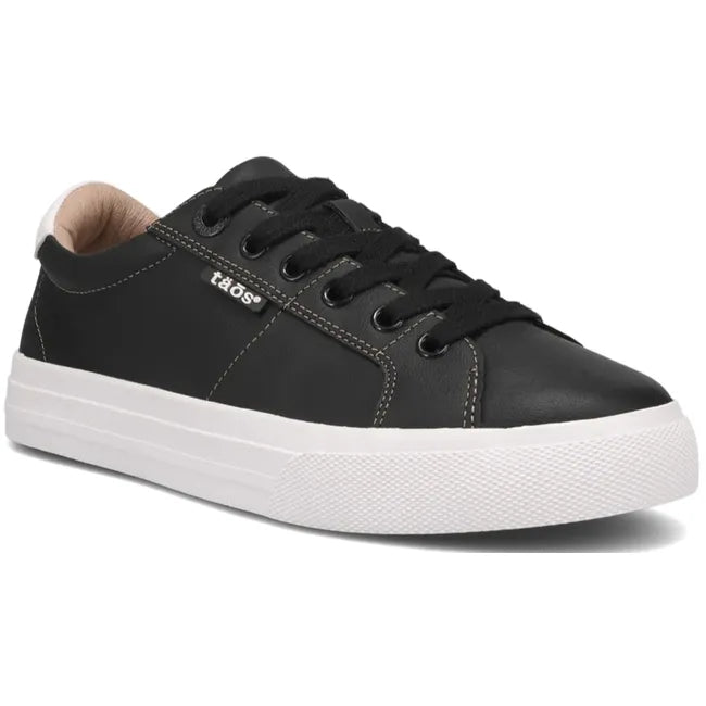 Front angled view of Women's Taos Heart &amp; Soul Lux Sneaker in Black leather with white midsole
