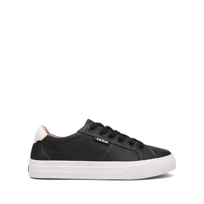 Lateral side of Women's Taos Heart &amp; Soul Lux Sneaker in Black leather with white midsole