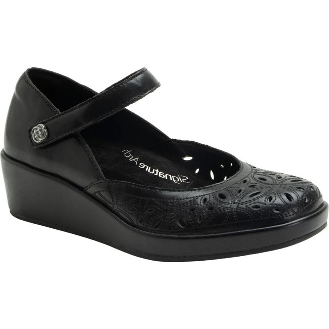 Front angled view of Women's Alegria Hayes Wedge Heel in Black Breeze with velcro top strap
