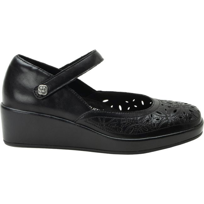 Lateral side of Women's Alegria Hayes Wedge Heel in Black Breeze with velcro top strap