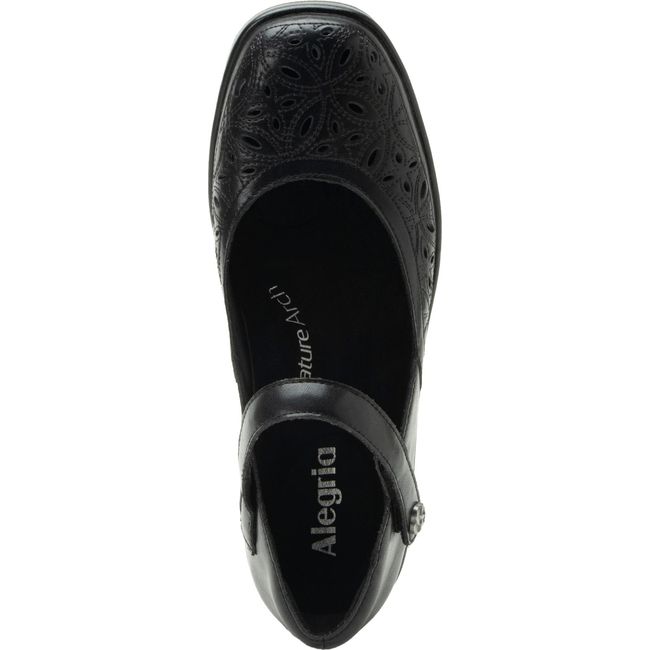 Upper of Women's Alegria Hayes Wedge Heel in Black Breeze with velcro top strap