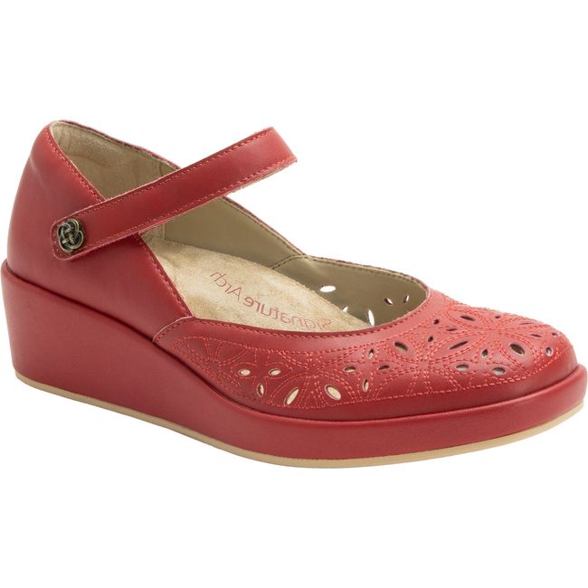 Front angled view of Women's Alegria Hayes Wedge Heel in Ruby Breeze with velcro top strap