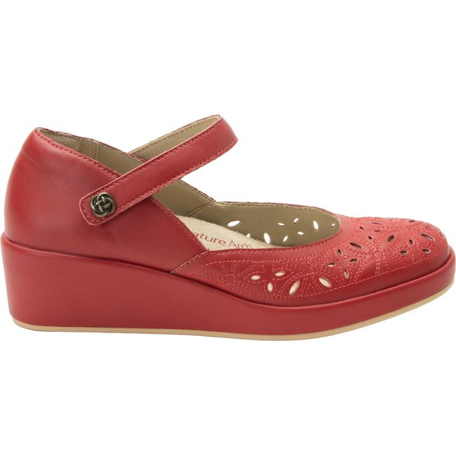 Lateral side of Women's Alegria Hayes Wedge Heel in Ruby Breeze with velcro top strap