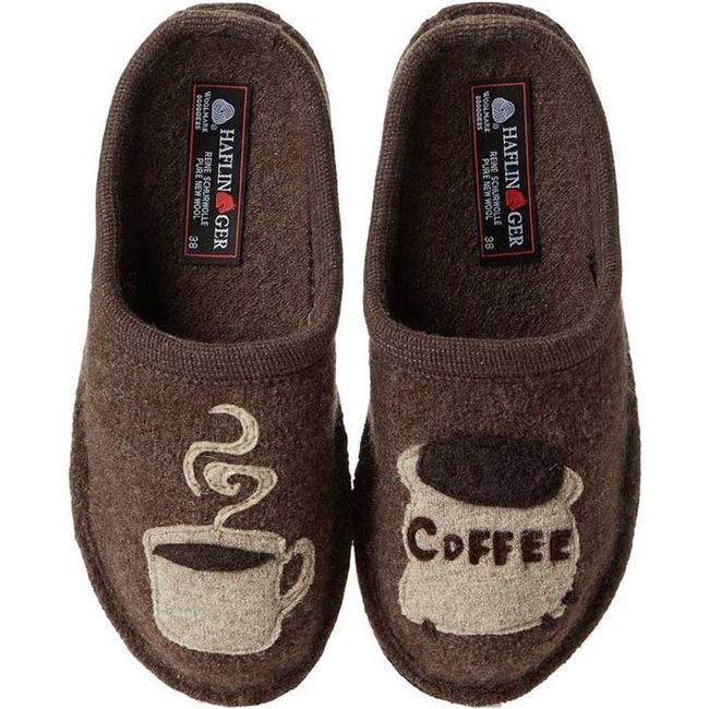 Top down view of Haflinger Unisex Coffee Slipper in earth brown with coffee patches on each slipper