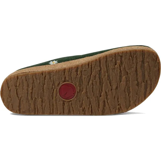 Sole of Womens Haflinger Margherita Clog in green with a few small white flower decals and cork sole