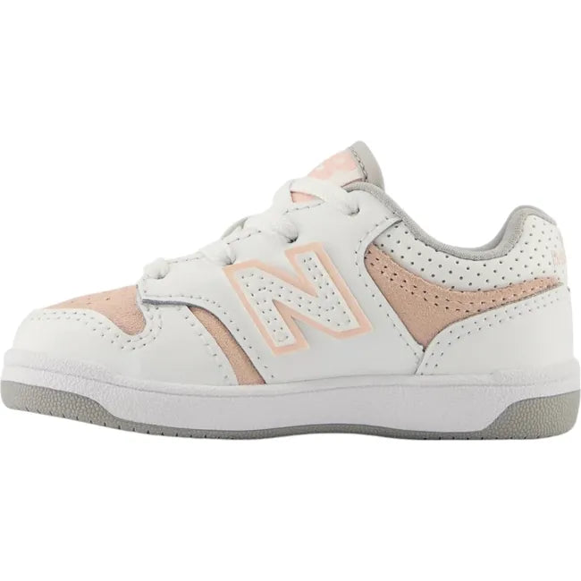 Medial side of New Balance Toddlers 480 Lifestyle Shoe in pink and white 