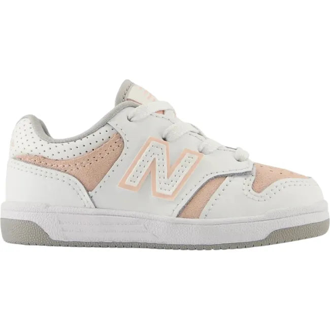 Lateral side of New Balance Toddlers 480 Lifestyle Shoe in pink and white 