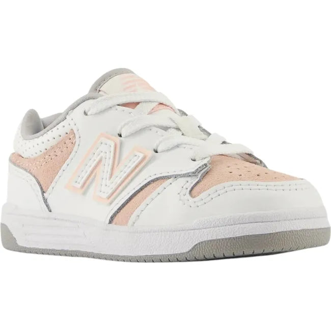 Front angled view of New Balance Toddlers 480 Lifestyle Shoe in pink and white 