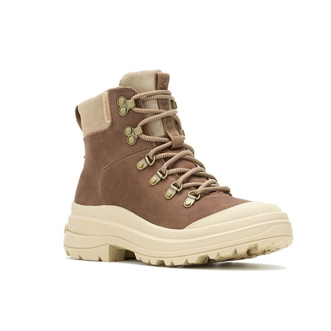Front angled view of Merrell Women's Harper Lace Zip Waterproof Boot in Khaki Beige and Brown