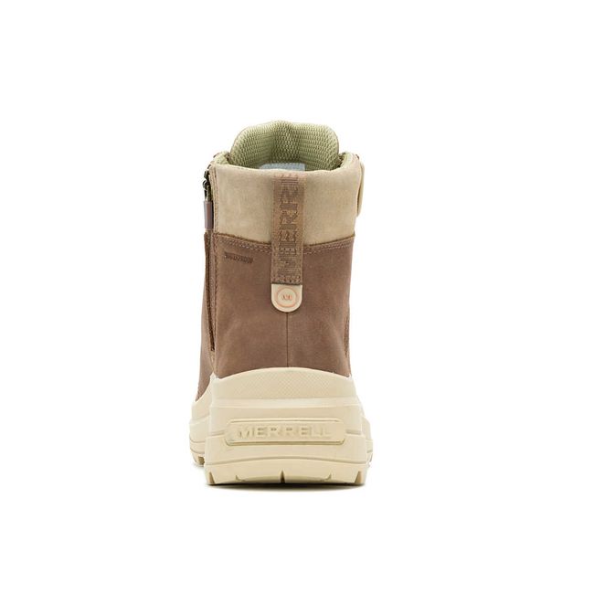 Heel of Merrell Women's Harper Lace Zip Waterproof Boot in Khaki Beige and Brown