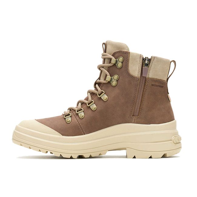 Medial side of Merrell Women's Harper Lace Zip Waterproof Boot in Khaki Beige and Brown