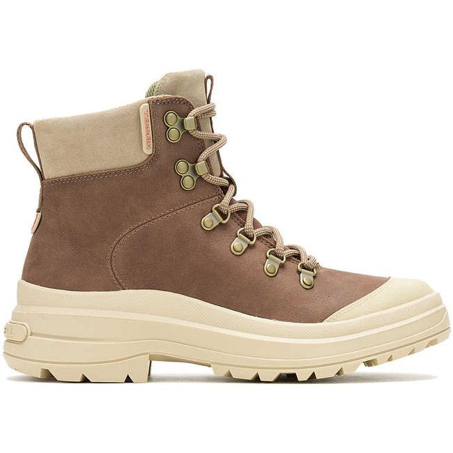 Lateral side of Merrell Women's Harper Lace Zip Waterproof Boot in Khaki Beige and Brown