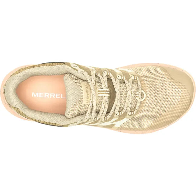 Top view of Merrell Women's Antora 3 Trail Running Shoe displaying the beige mesh upper, peach cushioned insole, and streamlined lacing system.
