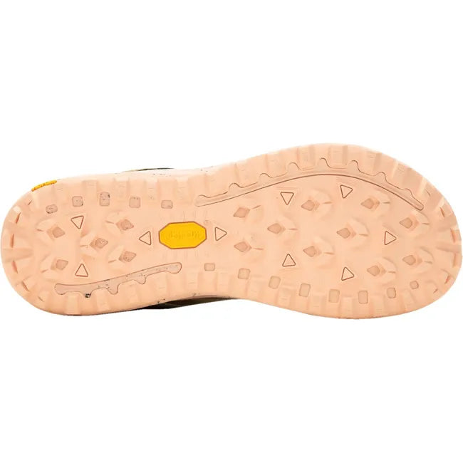 Sole view of Merrell Women's Antora 3 Trail Running Shoe featuring a peach textured Vibram TC5+ outsole with 4mm lugs for enhanced traction and durability.