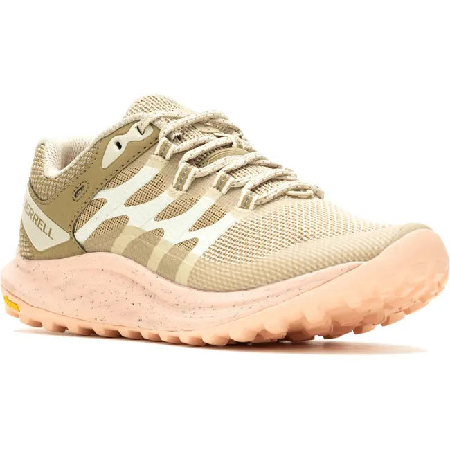 Front angled view of Merrell Women's Antora 3 Trail Running Shoe featuring a beige colored mesh and TPU upper, peach cushioned midsole, and Vibram TC5+ outsole with 4mm lugs for enhanced grip.