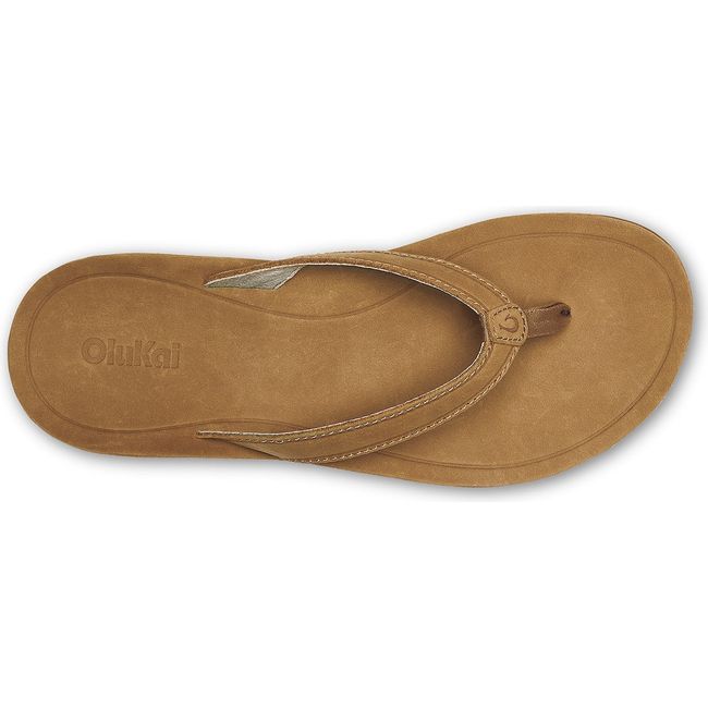 Top down view of Women's Olukai Southshore Flip Flop in Toffee tan waterproof leather