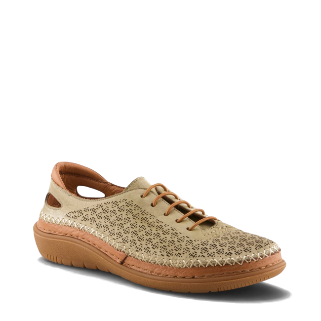 Front angled view of sage green leather Spring Step Women's Janell Shoe with elastic laces