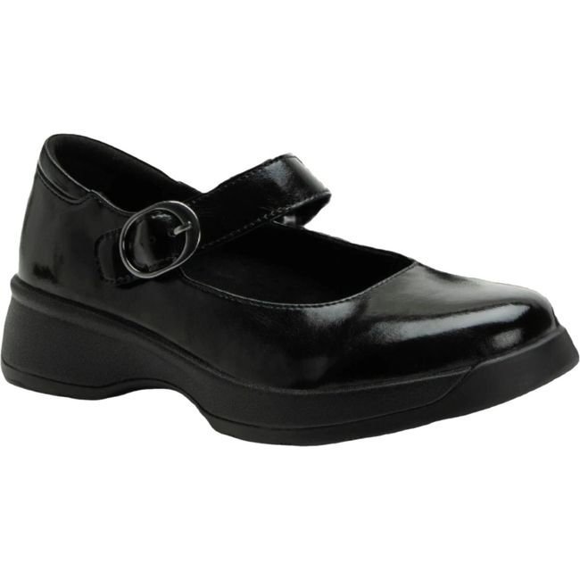 Front angled view of Alegria Jazmine Mary Jane in dapper black patent leather with velcro strap