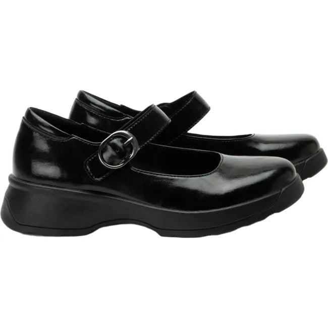 Lateral side of womens Alegria Jazmine Mary Janes in dapper black patent leather with velcro strap