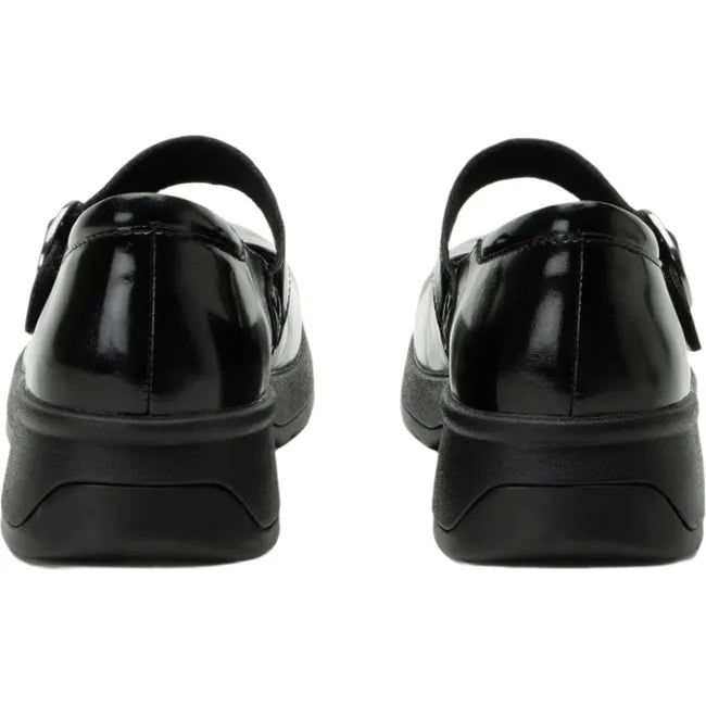 Heels of womens Alegria Jazmine Mary Janes in dapper black patent leather with velcro strap