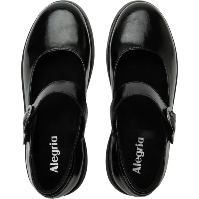 Top down view of womens Alegria Jazmine Mary Janes in dapper black patent leather with velcro strap
