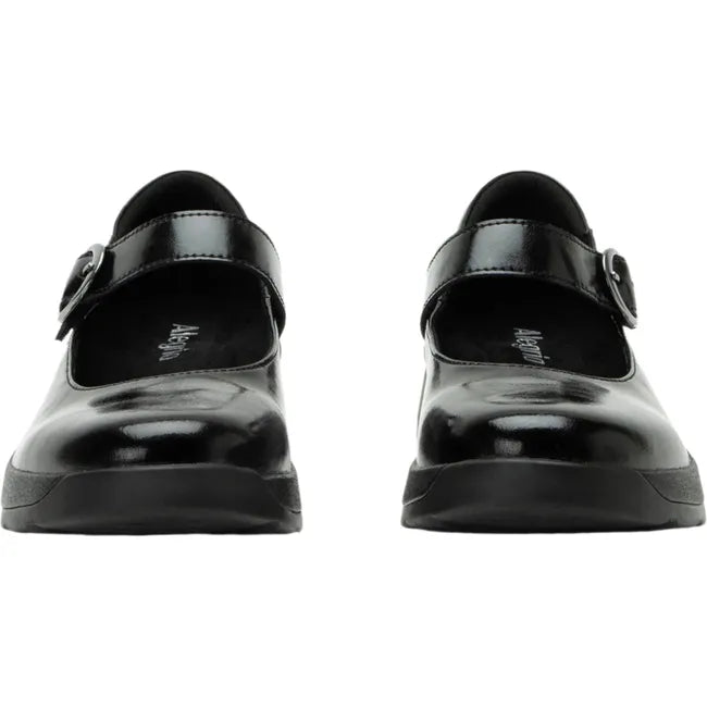 Front of womens Alegria Jazmine Mary Janes in dapper black patent leather with velcro strap
