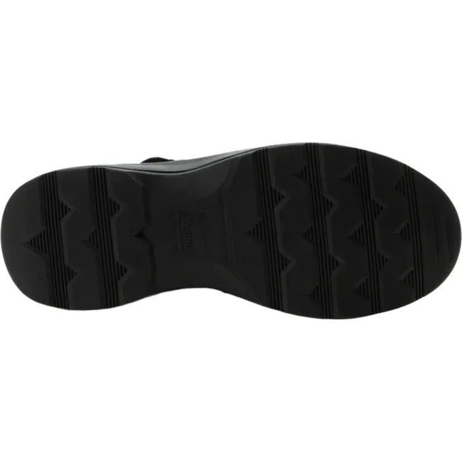 Sole of womens Alegria Jazmine Mary Jane shoe in dapper black with black slip resistant tread