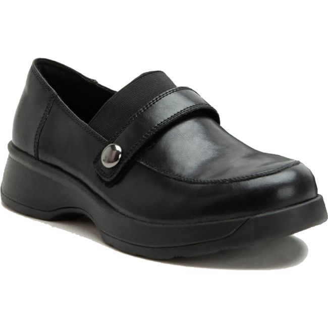 Front angled view of Alegria Women's Janna Loafer in Ink Black Leather