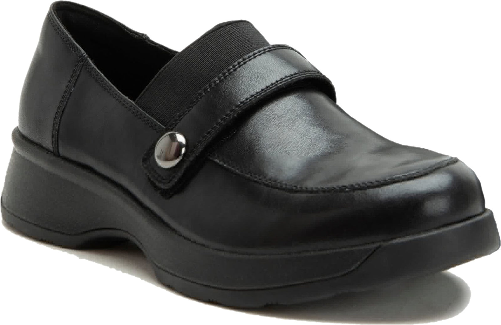 Front angled view of Alegria Women's Janna Loafer in Ink Black Leather