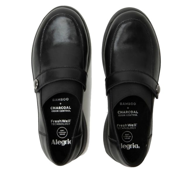 Upper of Alegria Women's Janna Penny Loafers in Ink Black Leather with Velcro Straps